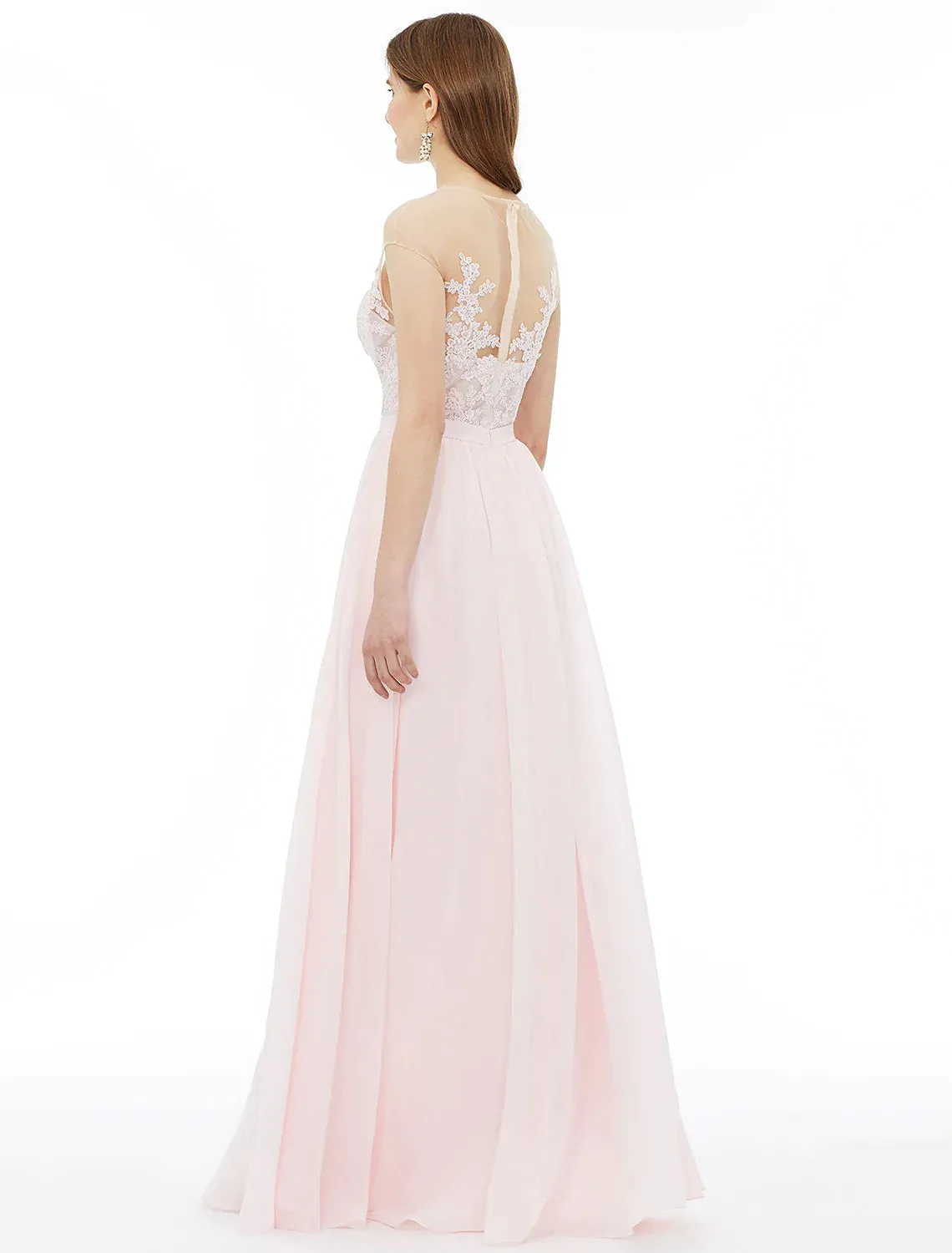 A-Line Bridesmaid Dress Sleeveless Floor Length Chiffon Floral Lace Sash Ribbon Appliques