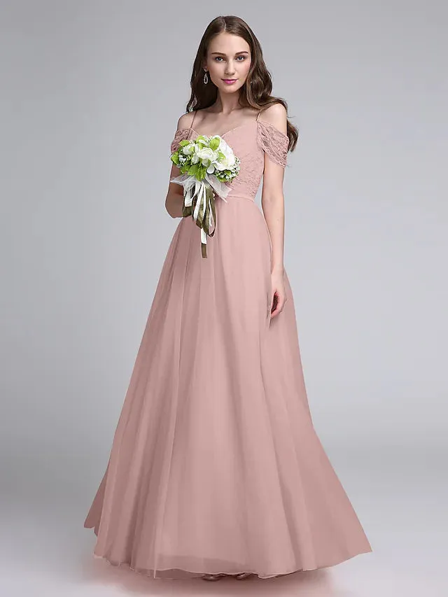 A-Line Bridesmaid Dress Spaghetti Strap Sleeveless Open Back Floor Length Lace Over Tulle with Lace  Sash  Ribbon