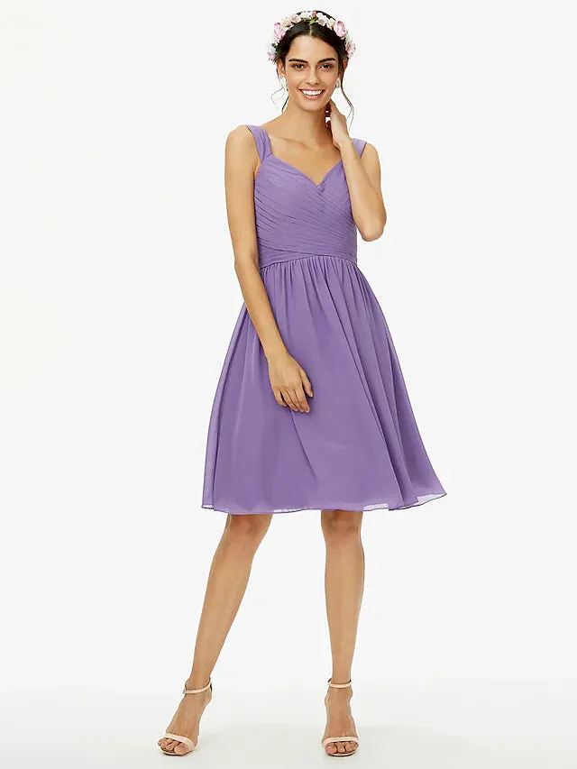 A-Line Bridesmaid Dress Straps Sleeveless Open Back Knee Length Chiffon with Sash  Ribbon  Bow(s)