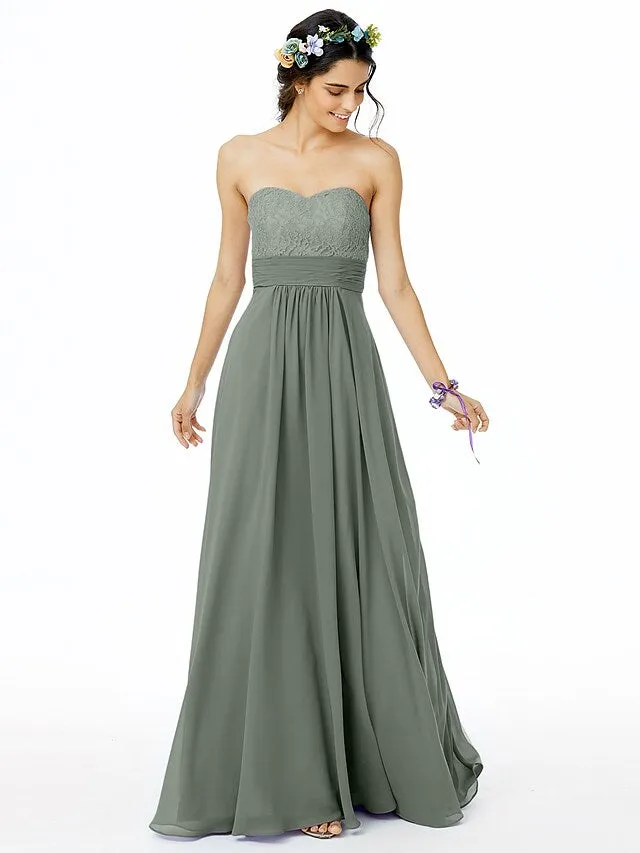 A-Line Bridesmaid Dress Sweetheart Neckline Sleeveless Open Back Floor Length Chiffon  Lace with Lace  Sash  Ribbon  Ruched