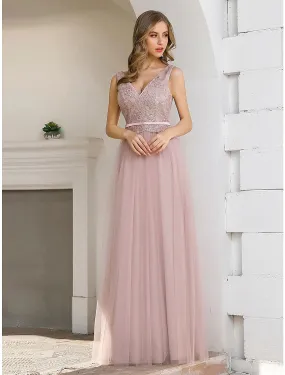 A-Line Evening Gown Elegant Dress Wedding Guest Floor Length Sleeveless V Neck Satin V Back with Sash Ribbon Sequin