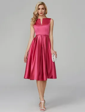 A-Line Party Dress Wedding Guest Cocktail Party Knee Length Sleeveless V Wire Pink Dress Satin with Sash / Ribbon