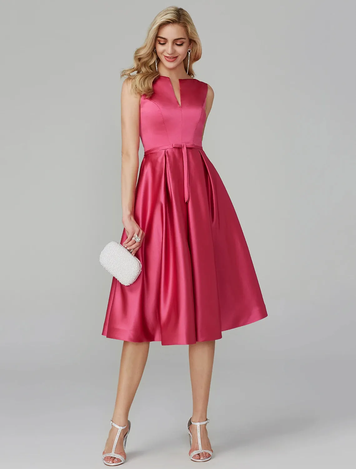 A-Line Party Dress Wedding Guest Cocktail Party Knee Length Sleeveless V Wire Pink Dress Satin with Sash / Ribbon