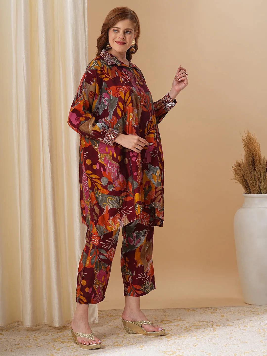 Abstract Floral Printed & Embroidered Kaftan Co-ord Set - Maroon