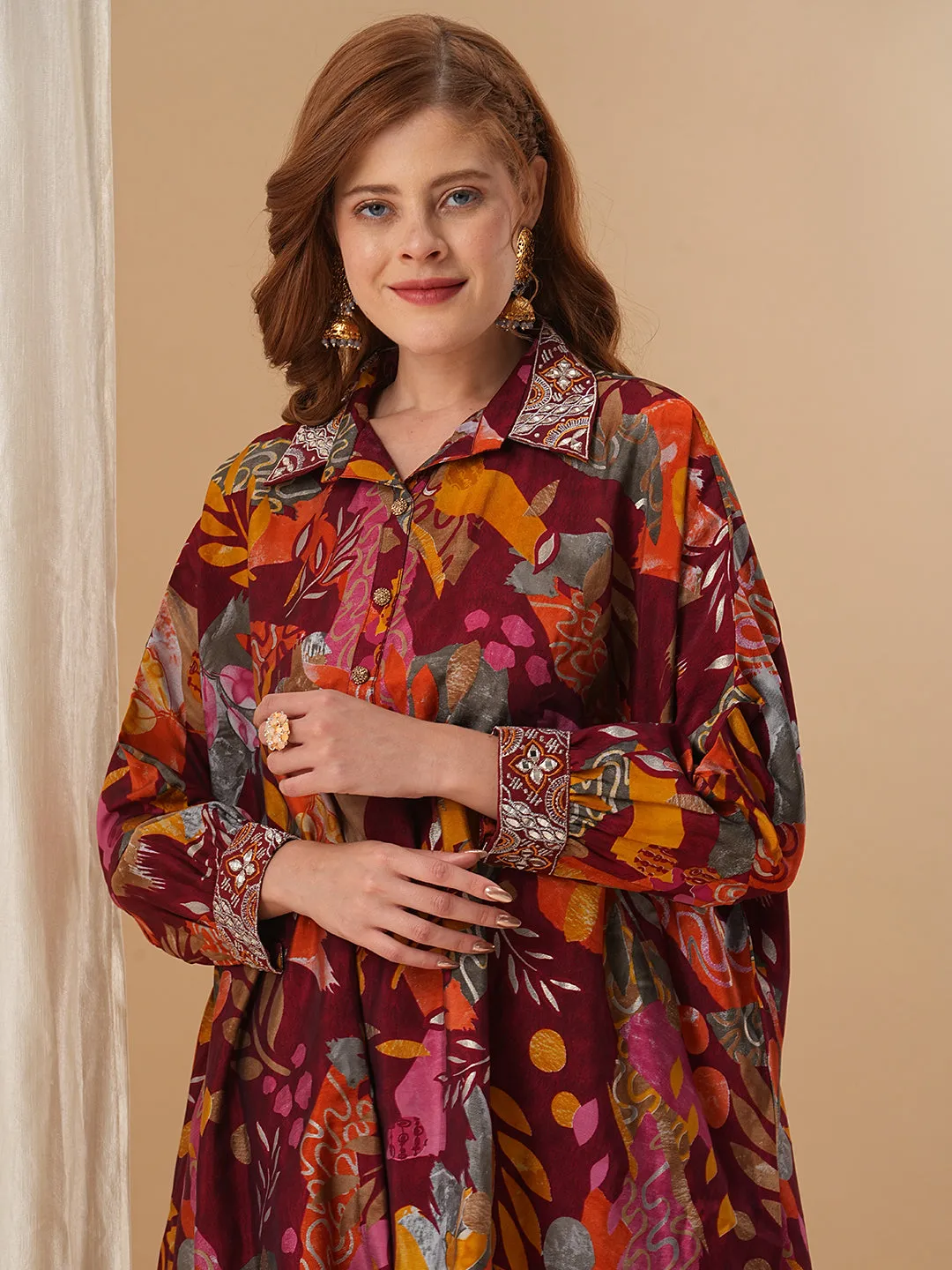 Abstract Floral Printed & Embroidered Kaftan Co-ord Set - Maroon