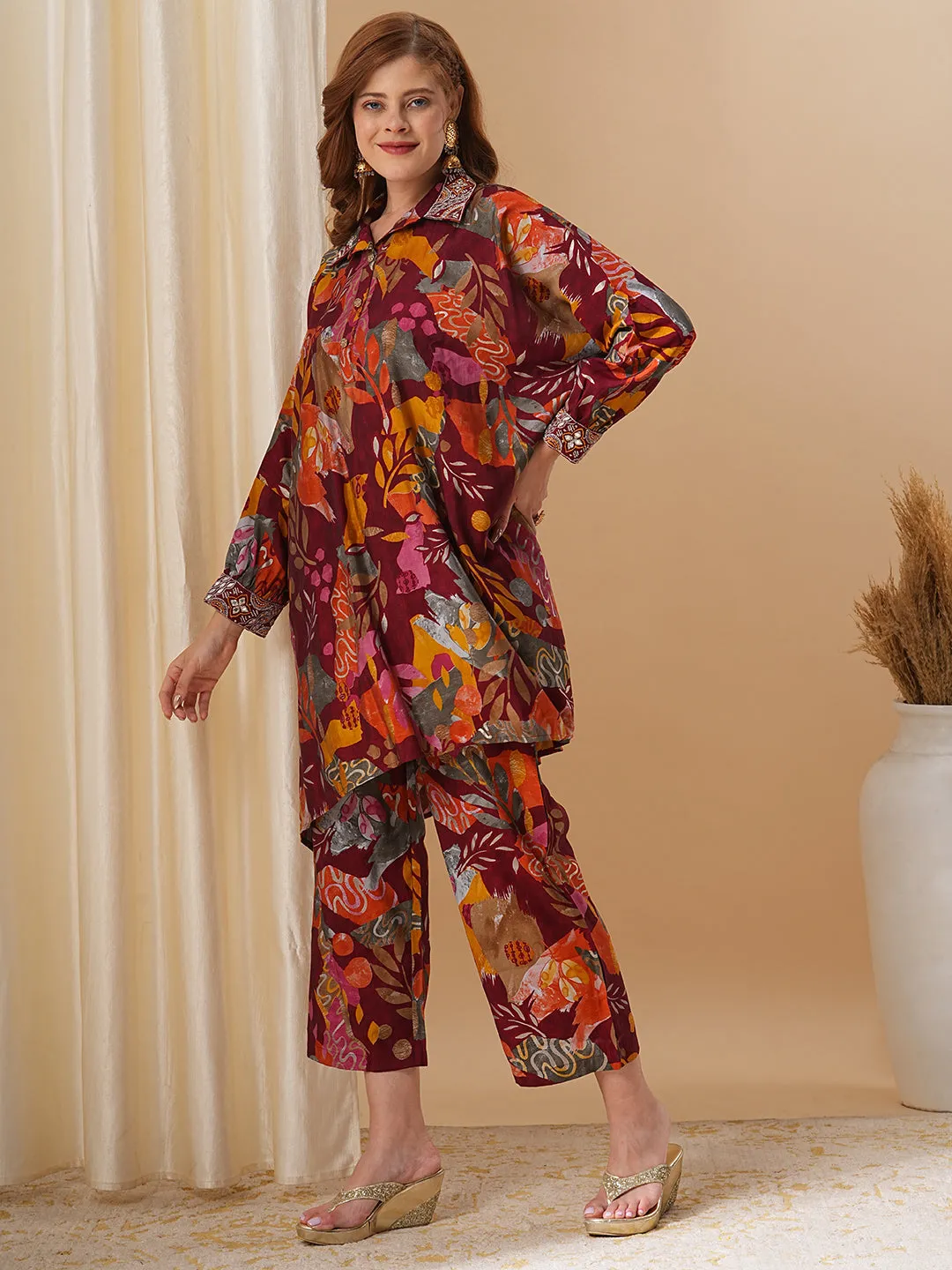 Abstract Floral Printed & Embroidered Kaftan Co-ord Set - Maroon