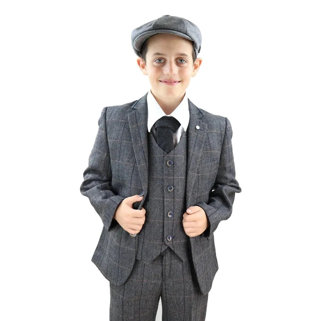 Albert -Men's Boys 3 Piece Suit Grey Tweed Check Blinders Kids Classic 1920s