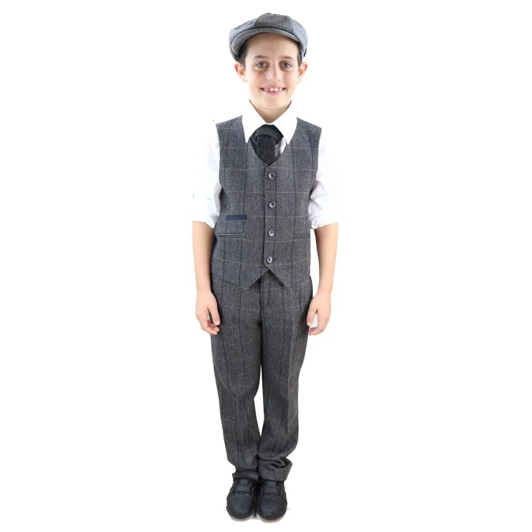 Albert -Men's Boys 3 Piece Suit Grey Tweed Check Blinders Kids Classic 1920s