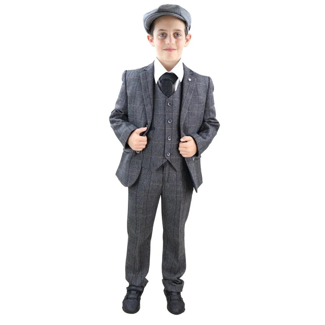 Albert -Men's Boys 3 Piece Suit Grey Tweed Check Blinders Kids Classic 1920s