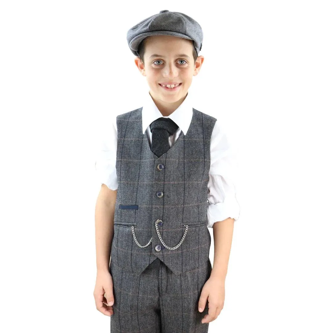 Albert -Men's Boys 3 Piece Suit Grey Tweed Check Blinders Kids Classic 1920s