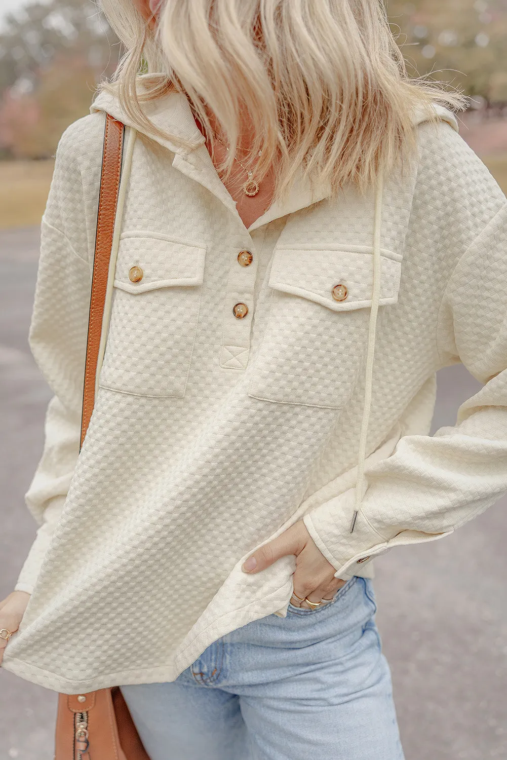 Apricot Textured Buttoned Neckline Side Pockets Hoodie