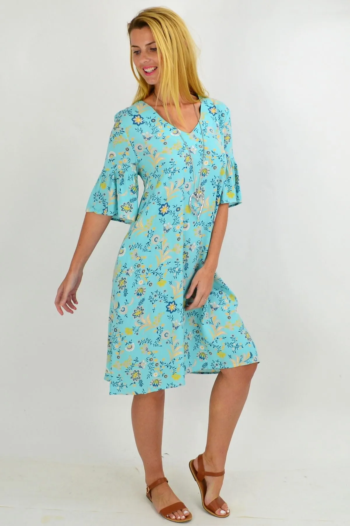 Aqua Pretty Fluted Cuff Floral Tunic Dress