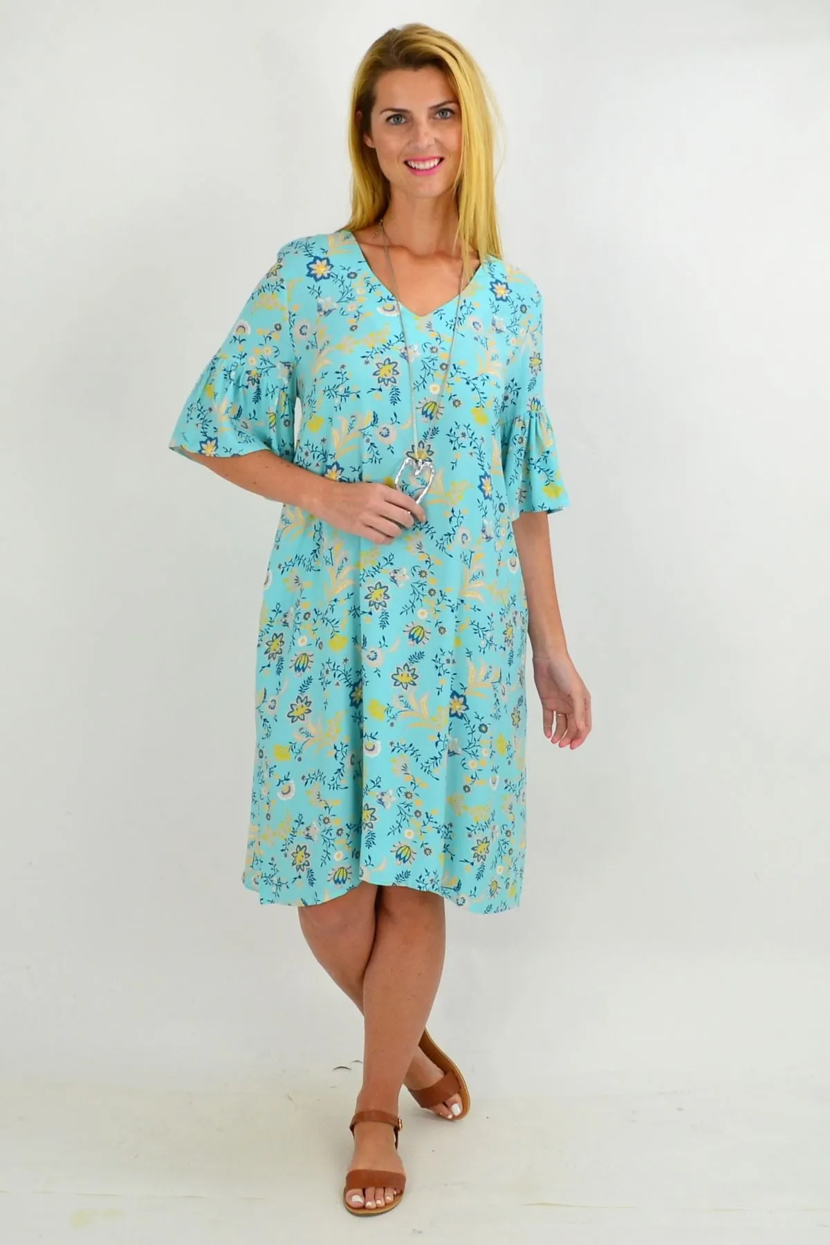 Aqua Pretty Fluted Cuff Floral Tunic Dress