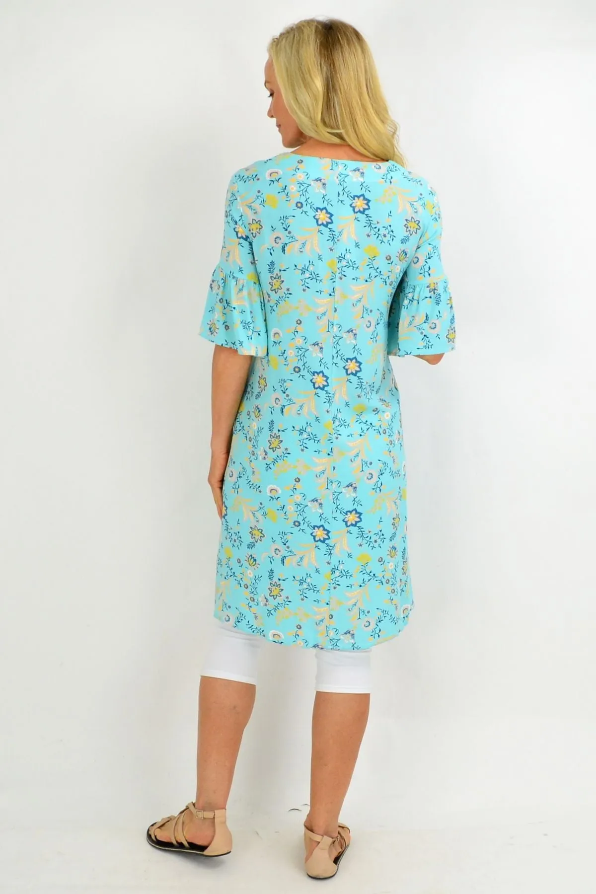 Aqua Pretty Fluted Cuff Floral Tunic Dress