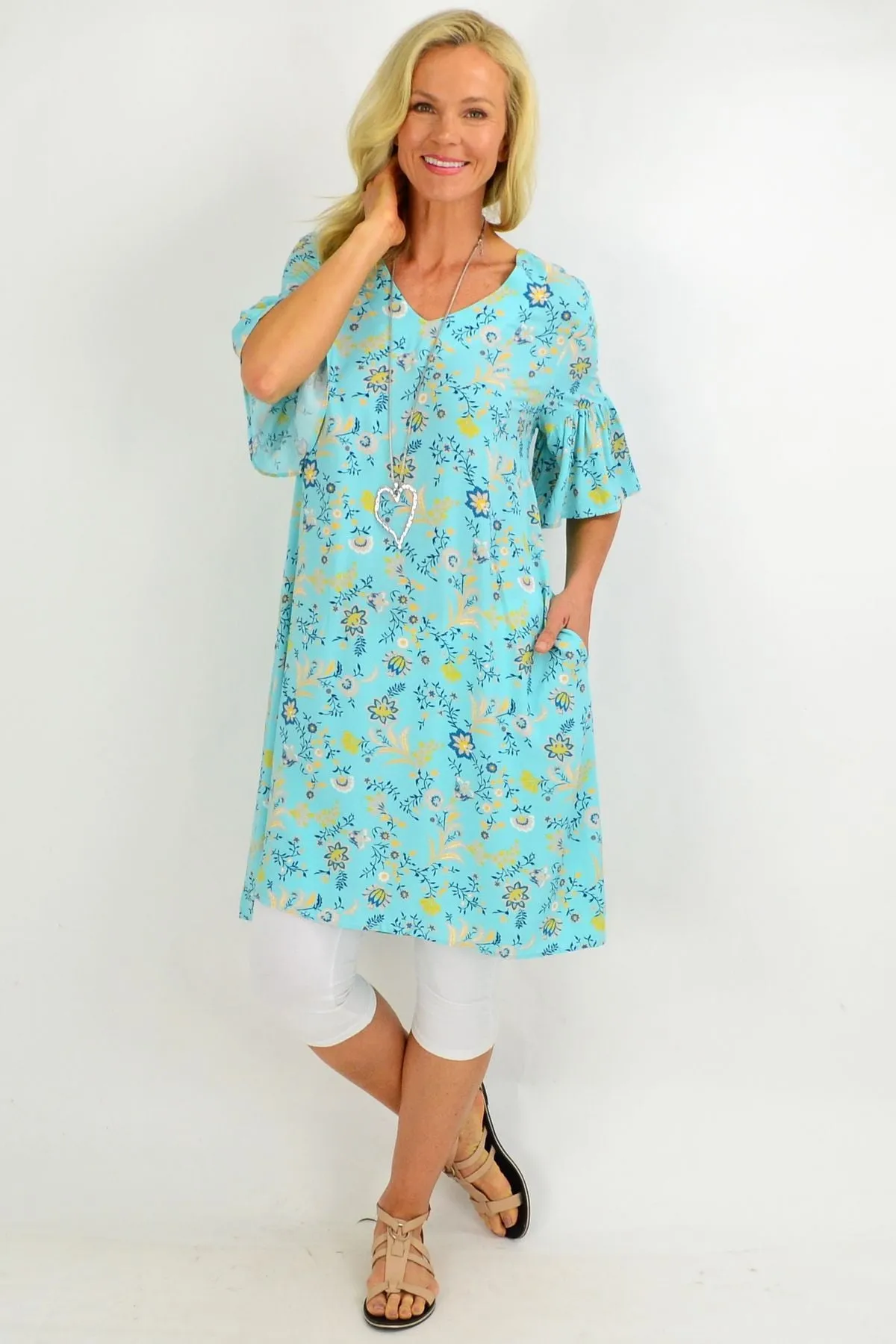 Aqua Pretty Fluted Cuff Floral Tunic Dress