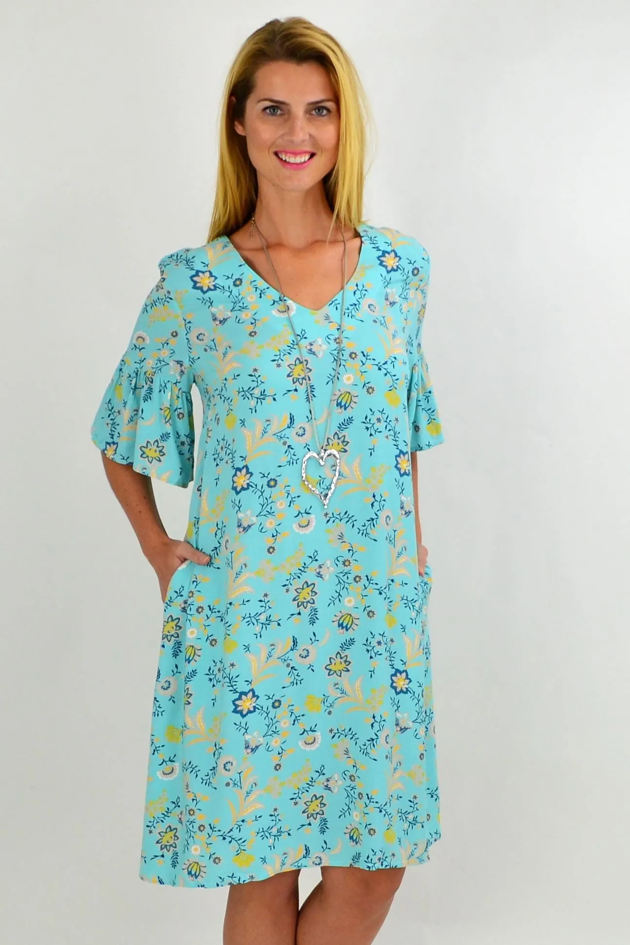 Aqua Pretty Fluted Cuff Floral Tunic Dress