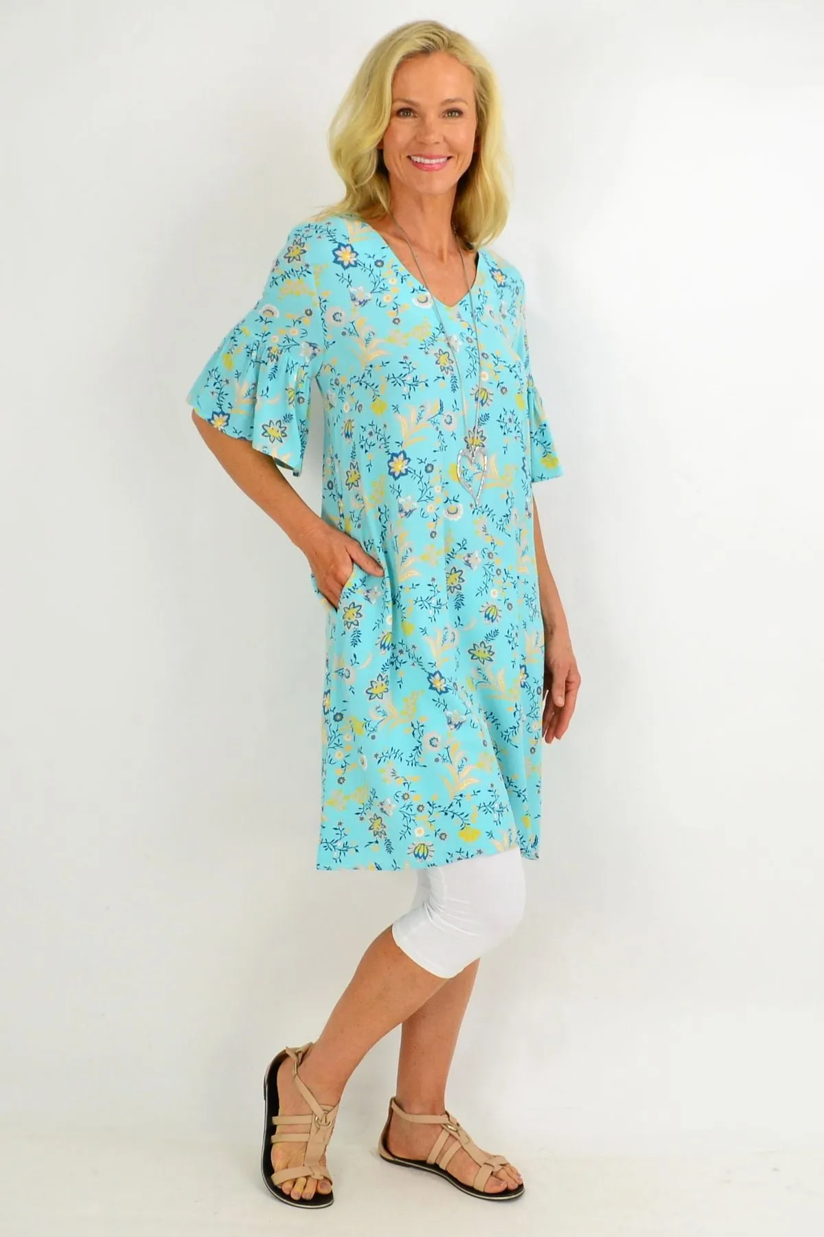 Aqua Pretty Fluted Cuff Floral Tunic Dress