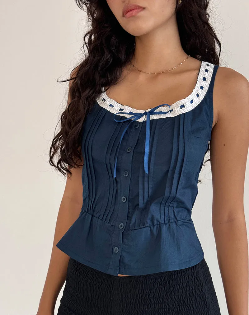 Arhan Sleeveless Top in Navy Poplin with White Trim