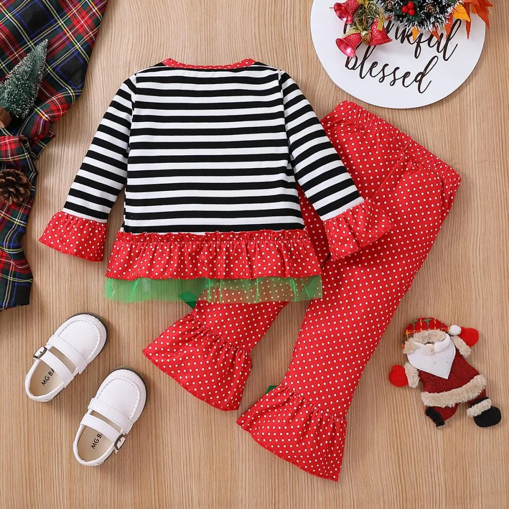 Autumn Winter Christmas Girls Santa Claus Head Polka Dot Flared Pants Suit Wholesale Kids Clothes