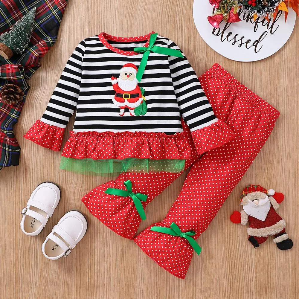 Autumn Winter Christmas Girls Santa Claus Head Polka Dot Flared Pants Suit Wholesale Kids Clothes