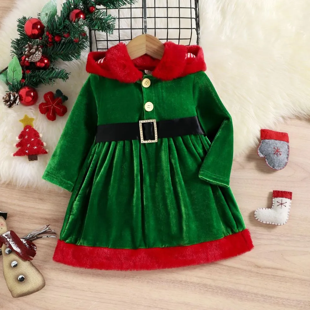 Autumn Winter Christmas Party Girls Warm Removable Hat Velvet Color-block Kids Dress Wholesale