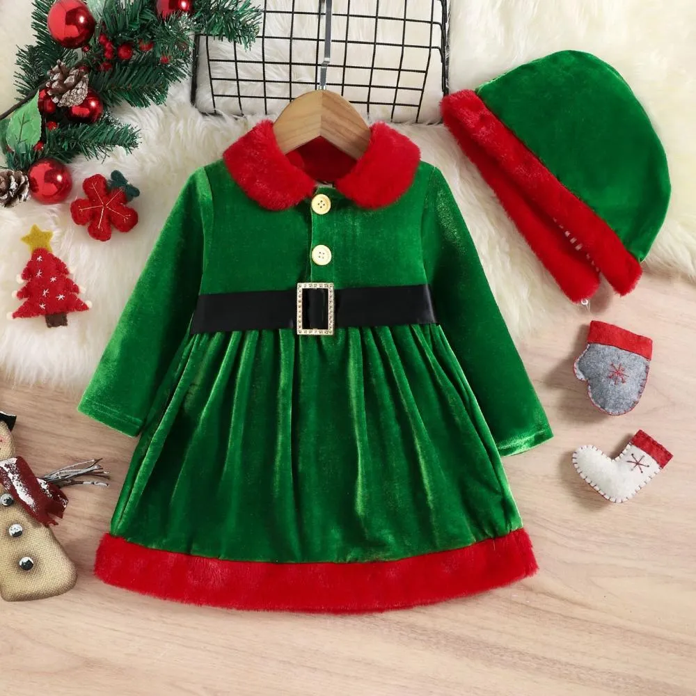 Autumn Winter Christmas Party Girls Warm Removable Hat Velvet Color-block Kids Dress Wholesale