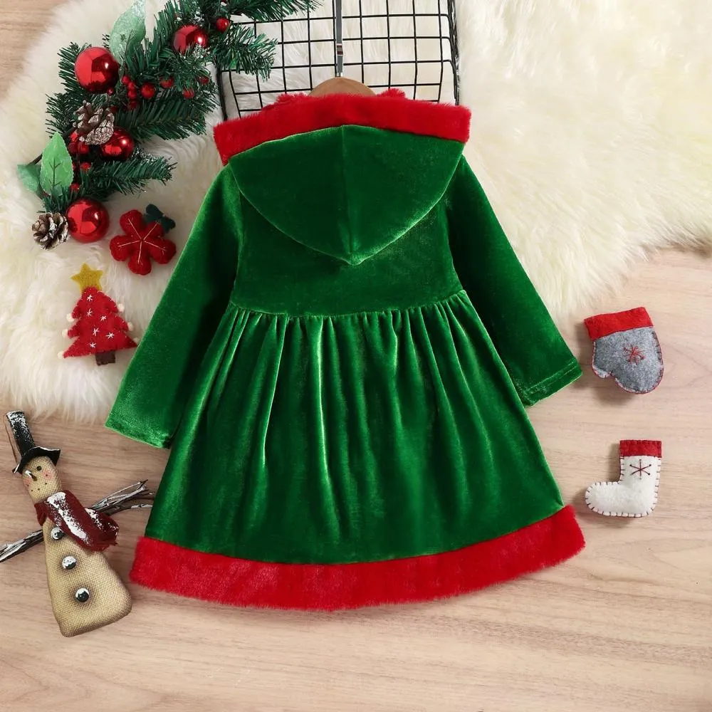 Autumn Winter Christmas Party Girls Warm Removable Hat Velvet Color-block Kids Dress Wholesale