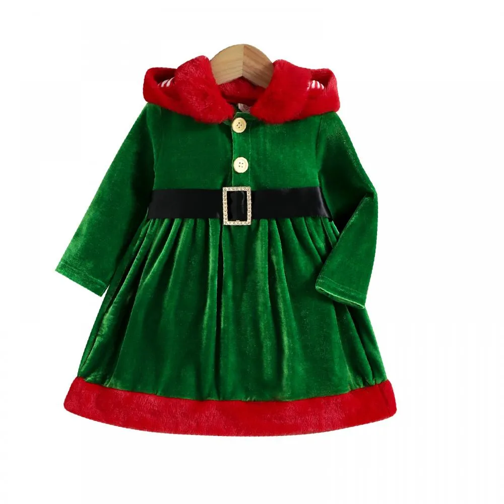 Autumn Winter Christmas Party Girls Warm Removable Hat Velvet Color-block Kids Dress Wholesale