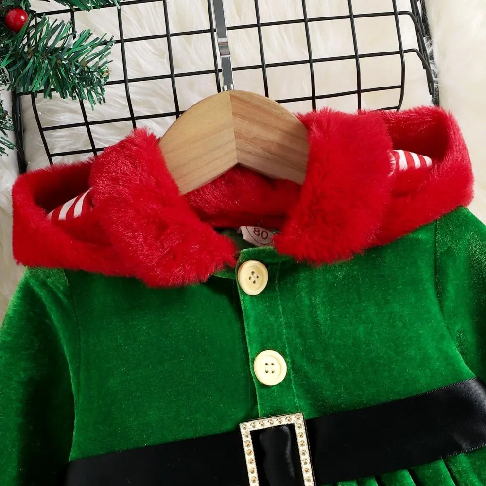 Autumn Winter Christmas Party Girls Warm Removable Hat Velvet Color-block Kids Dress Wholesale