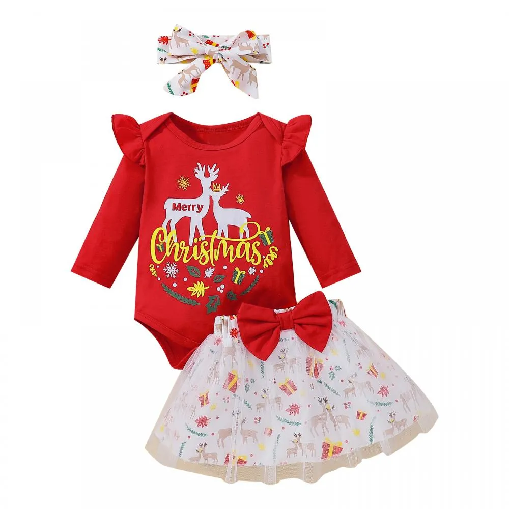 Baby Girls Autumn and Winter Christmas Elk Print Gauze Skirt Three-piece Suit Wholesale Girls Clothes