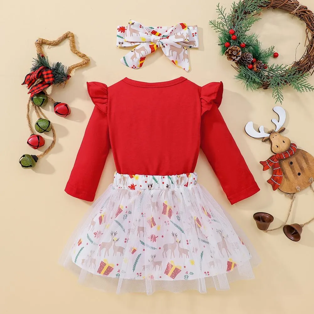 Baby Girls Autumn and Winter Christmas Elk Print Gauze Skirt Three-piece Suit Wholesale Girls Clothes