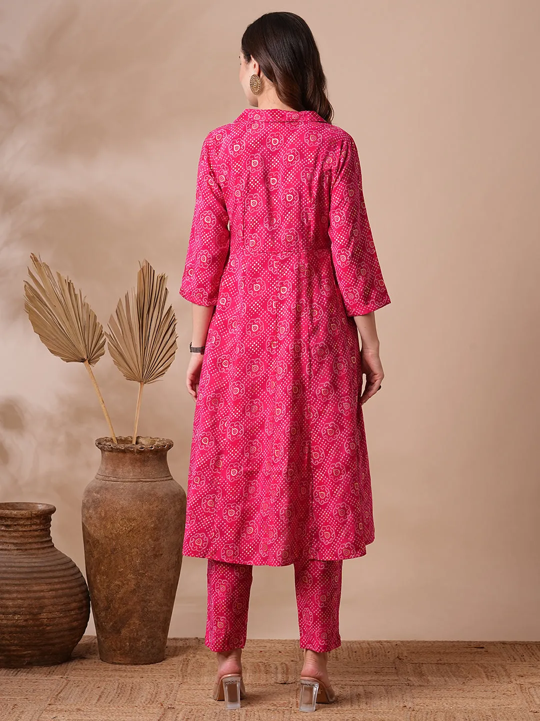 Bandhani Foil Printed A-Line Paneled Co-ord Set - Pink