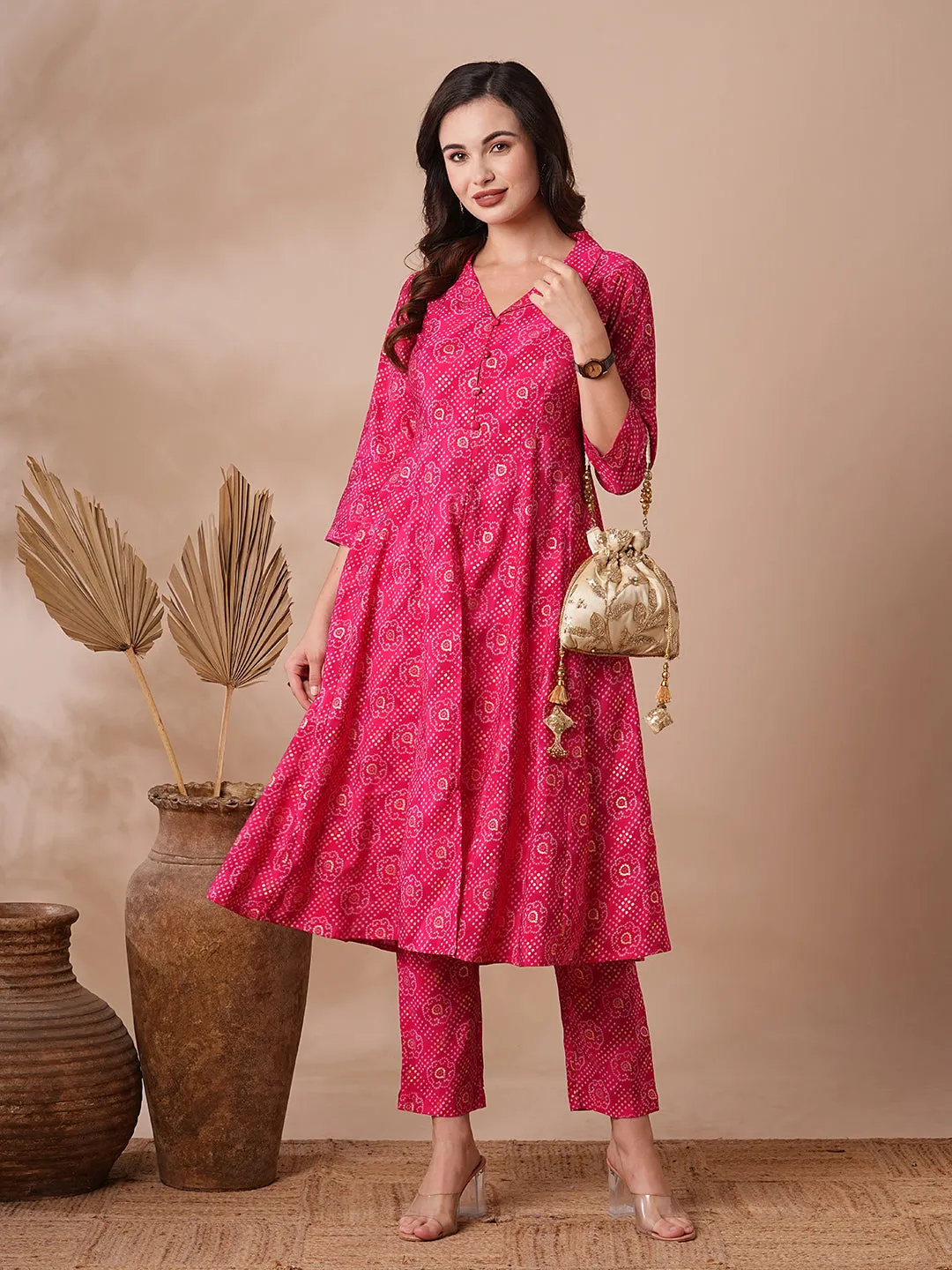 Bandhani Foil Printed A-Line Paneled Co-ord Set - Pink