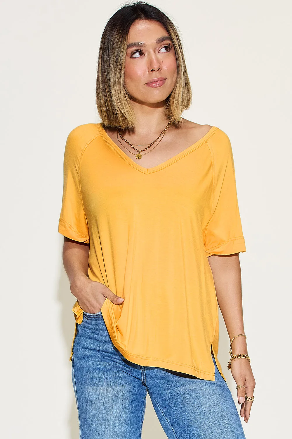 Basic Babe Full Size Bamboo V-Neck Short Sleeve Tee