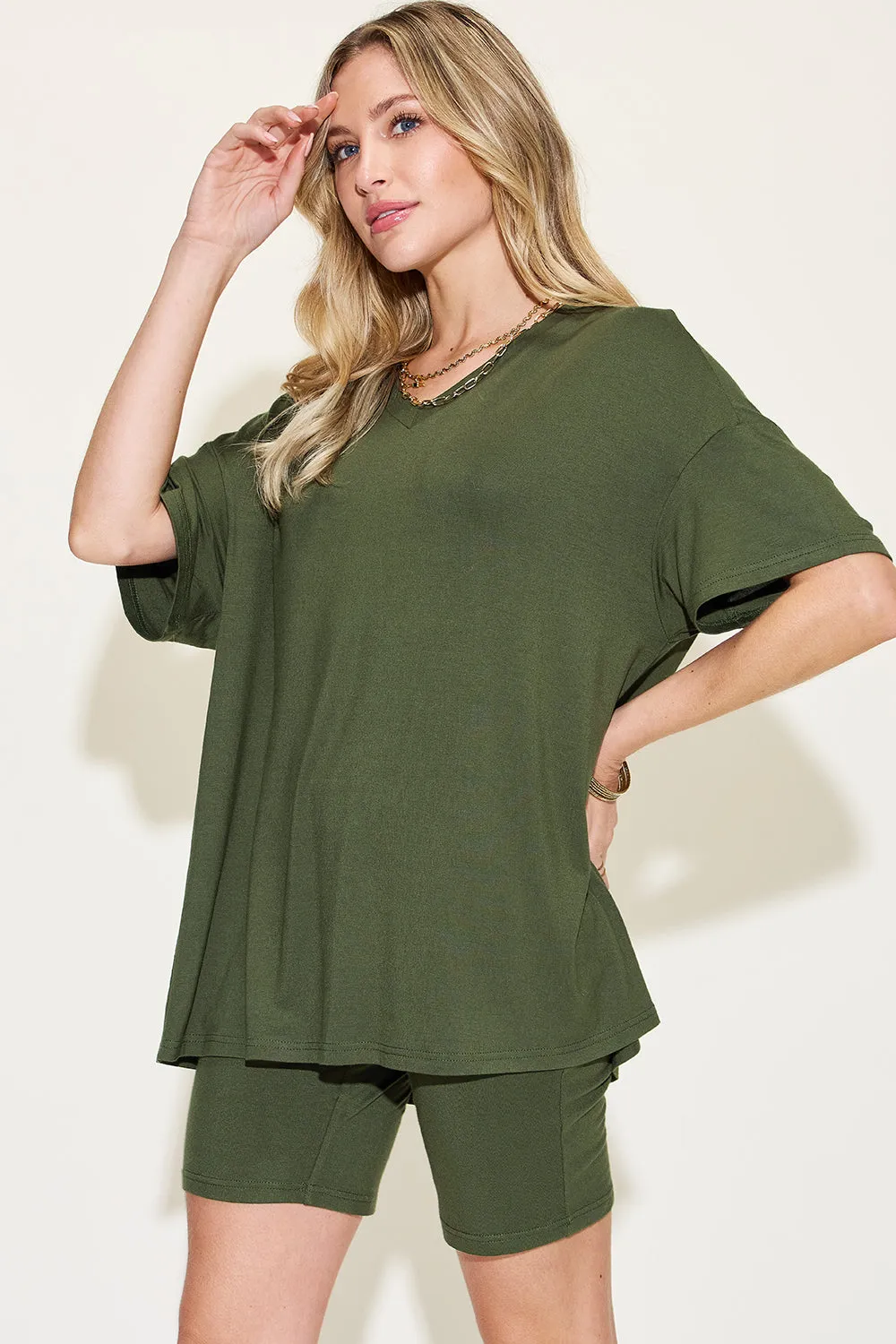 Basic Bae Full Size V-Neck Drop Shoulder T-Shirt and Shorts Set