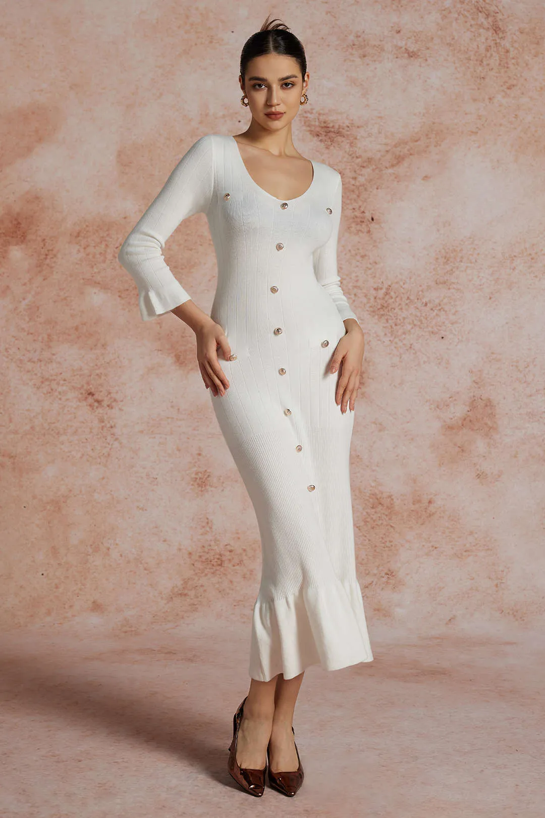 Basic Solid Knit Long Sleeve Maxi Dress