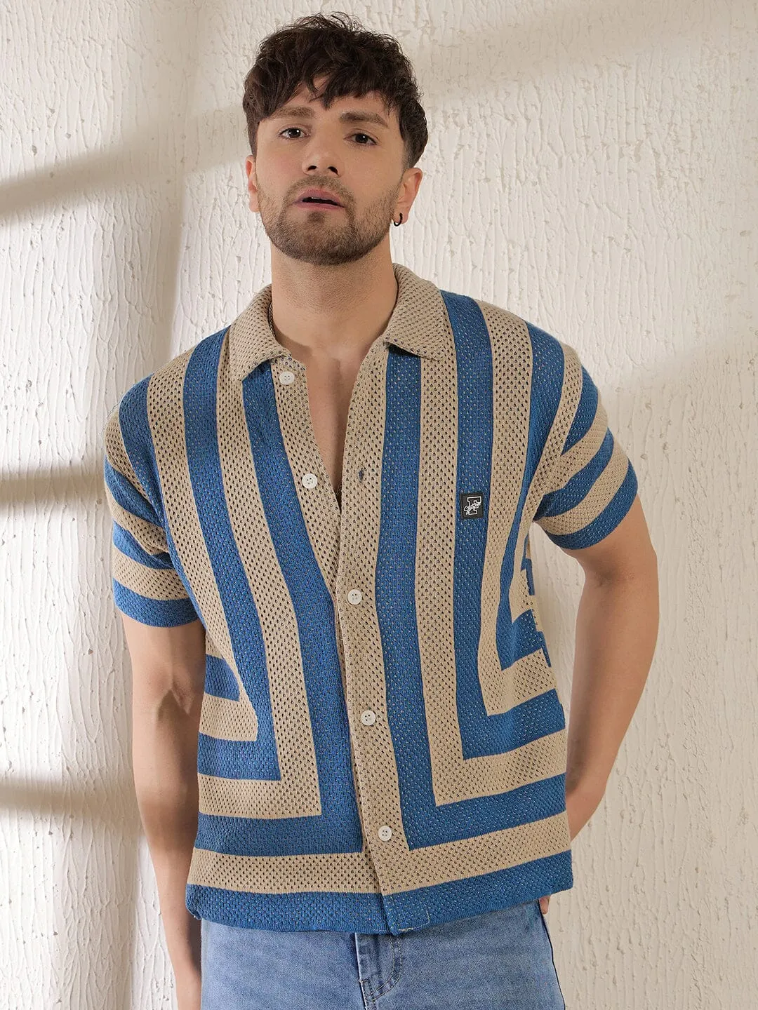 Beige & Blue Striped Crochet Knitted Shirt