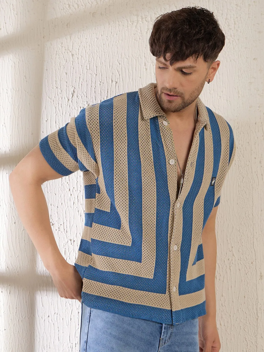 Beige & Blue Striped Crochet Knitted Shirt