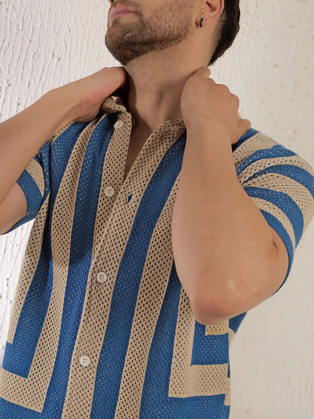 Beige & Blue Striped Crochet Knitted Shirt