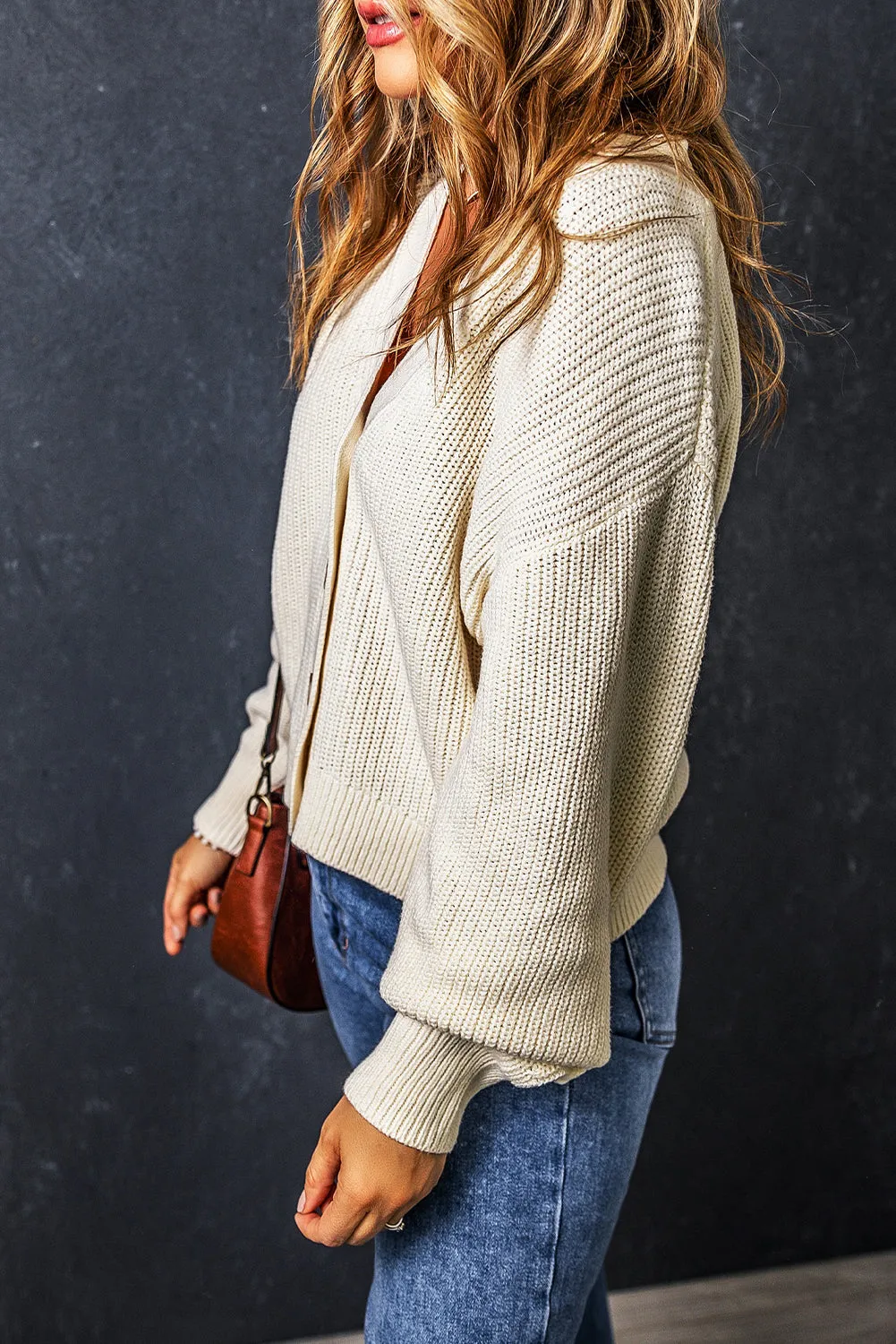 Beige Plain Knitted Buttoned V Neck Cardigan