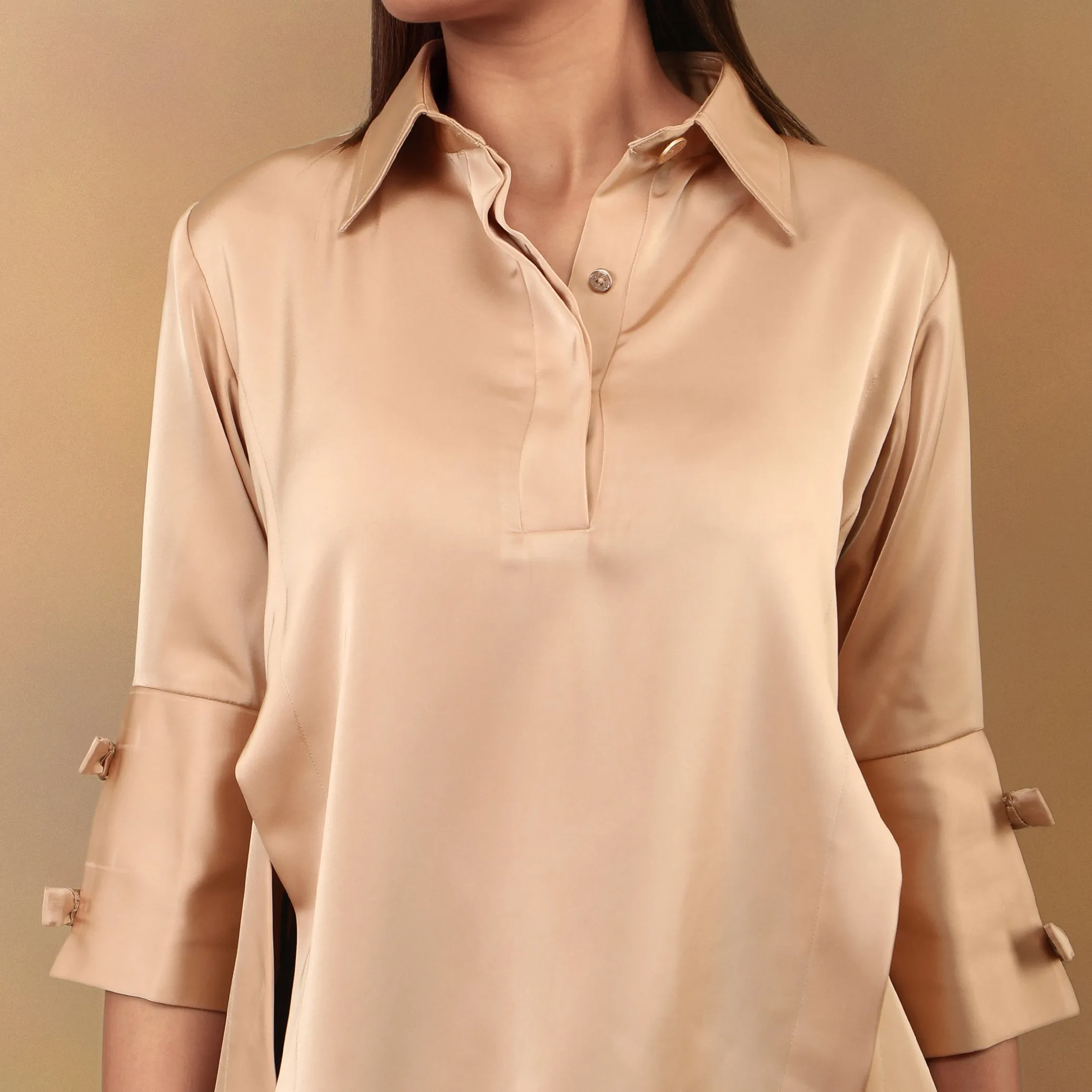 Beige Slit And Collared High Low Top