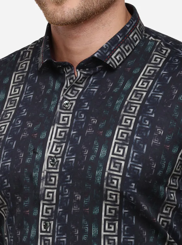 Black & Green Printed Slim Fit Party Wear Shirt | JB Studio