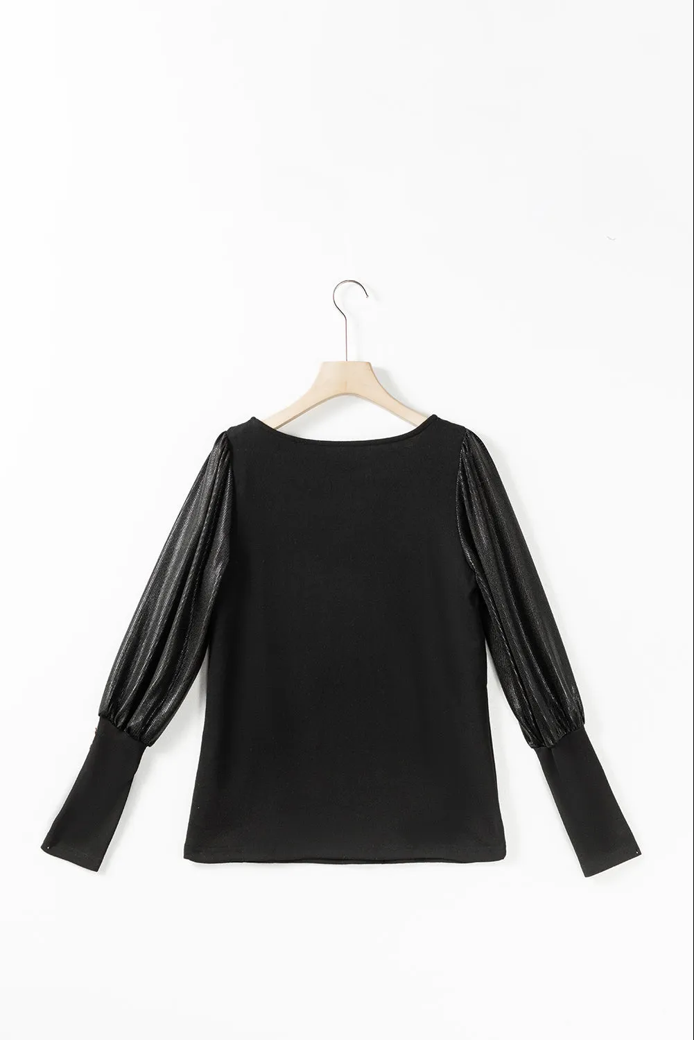 Black Buttoned Cuffs Shiny Puff Sleeves Top