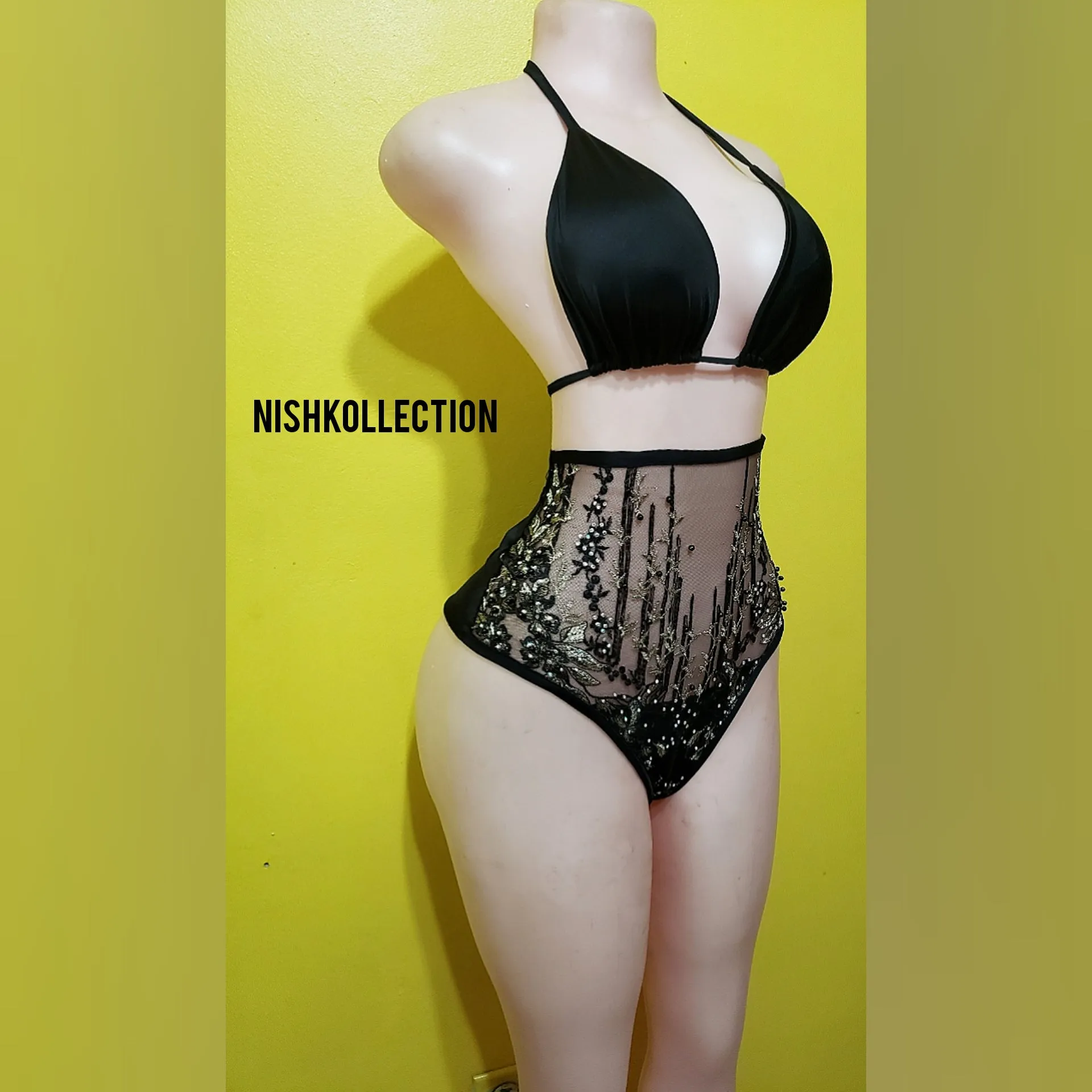 Black high waist two piece embroidery swimsuit