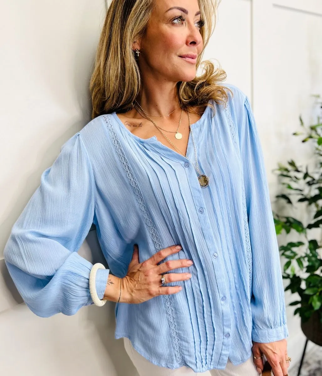 Blue Crochet Pintuck Blouse