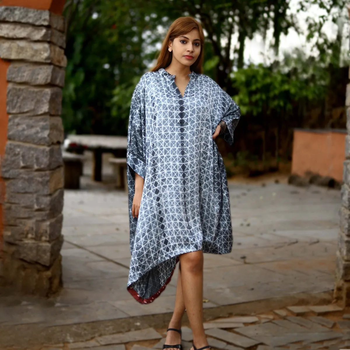 Blue-Grey Tie Dye Modal Silk Summer Shirt Dress