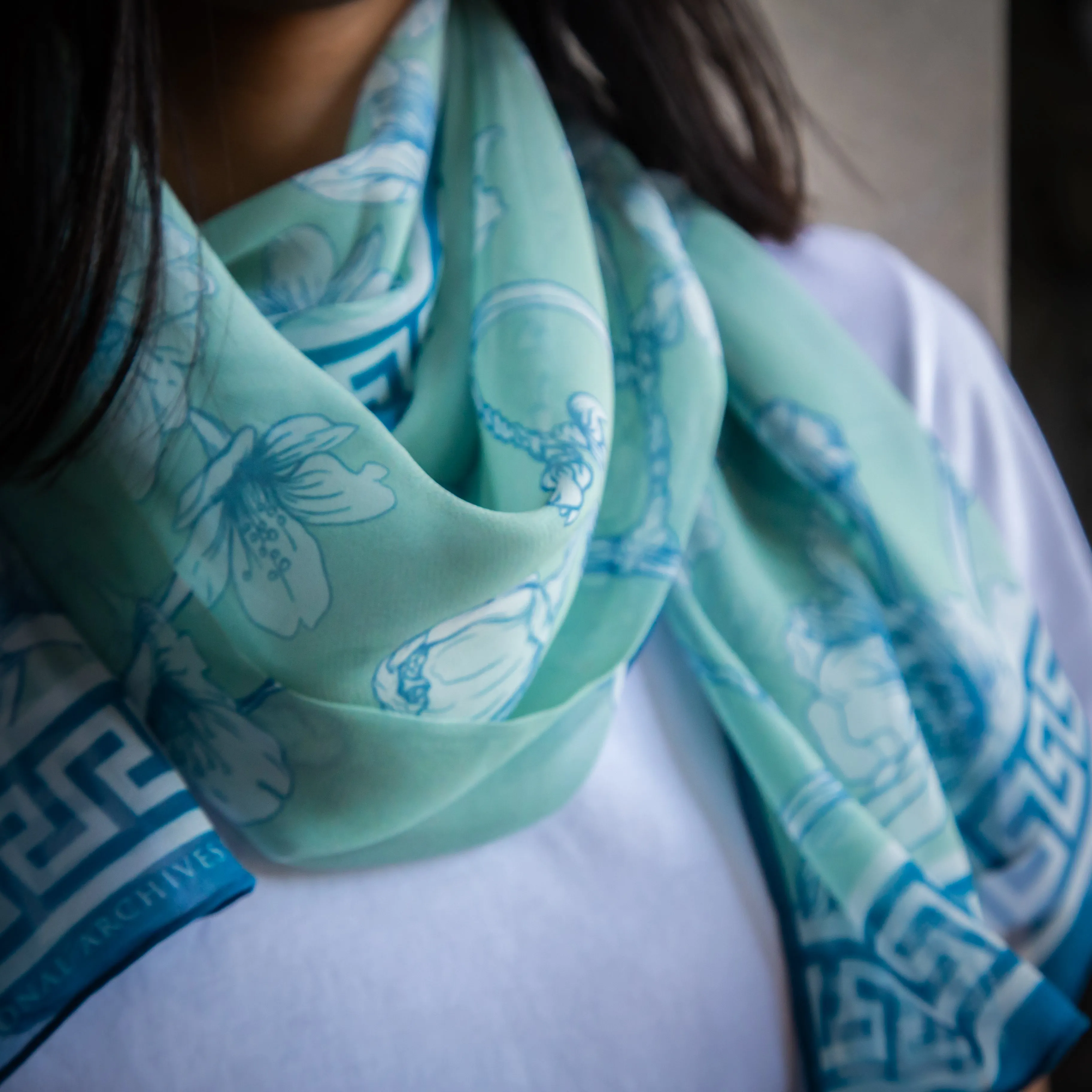 Blue Sakura Chiffon Silk Scarf