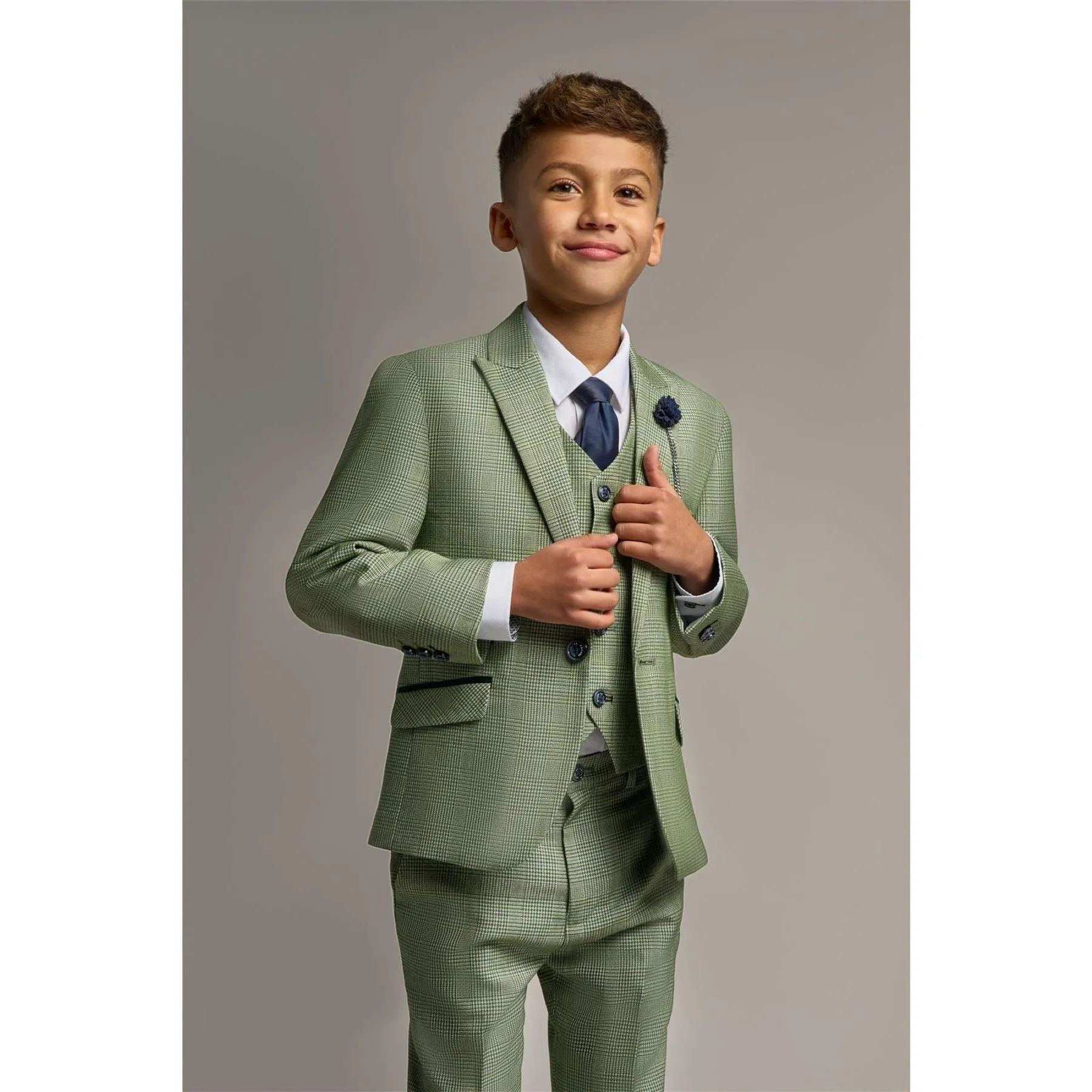 Boys 3 Piece Sage Green Check Suit Tweed Tailored Fit Wedding