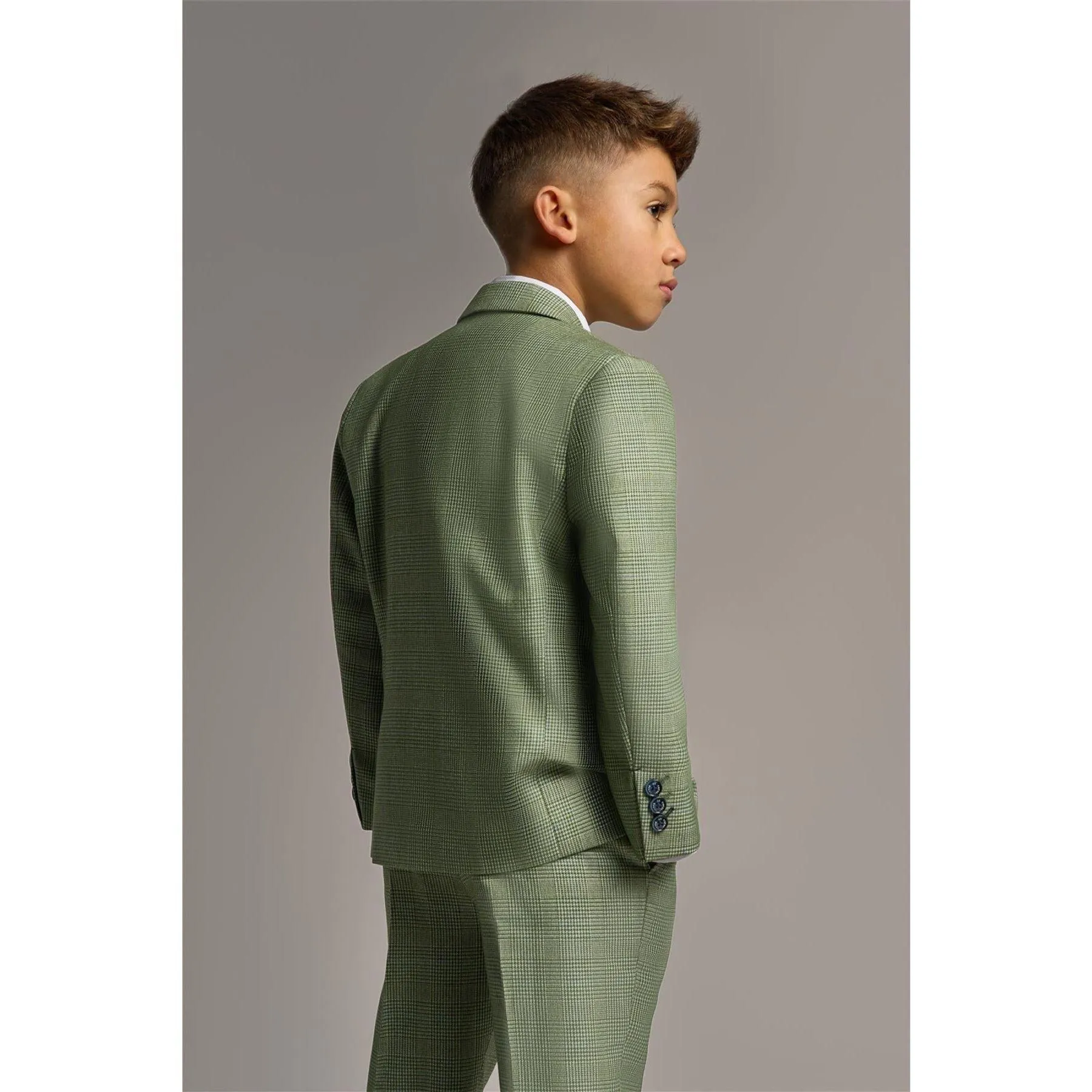 Boys 3 Piece Sage Green Check Suit Tweed Tailored Fit Wedding