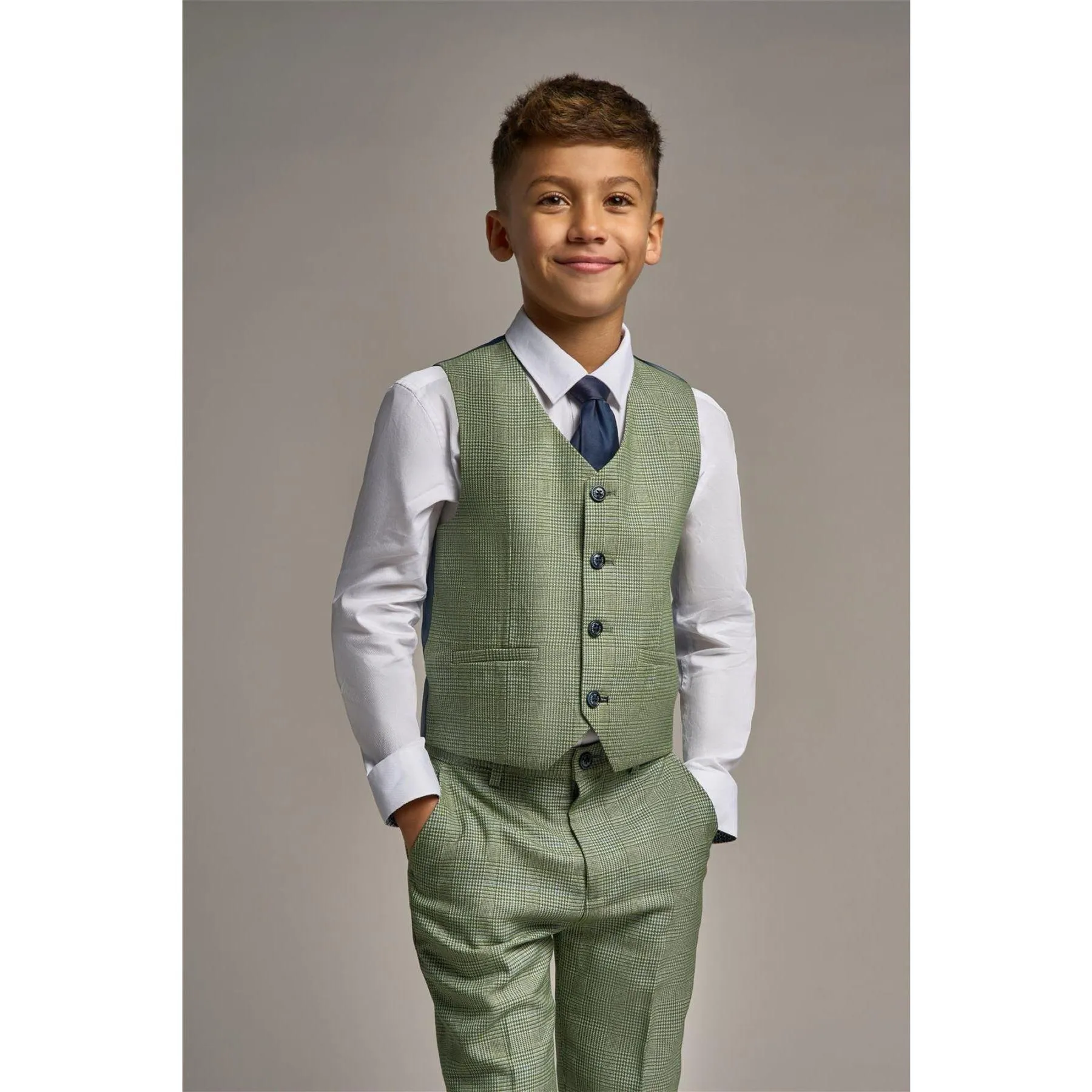 Boys 3 Piece Sage Green Check Suit Tweed Tailored Fit Wedding